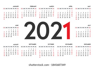 Simple calendar Layout for 2021 year. Week starts from Sunday. Isolated vector illustration on white background.