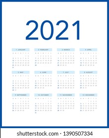 Simple calendar Layout for 2021 years. Week starts from Sunday.