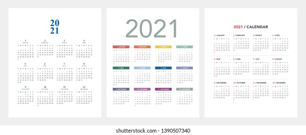 Simple calendar Layout for 2021 years. Week starts from Sunday.