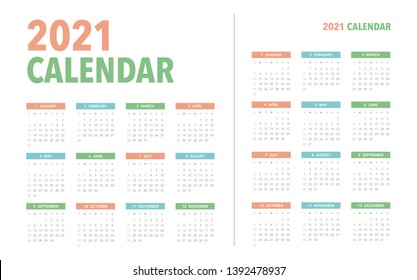 Simple calendar Layout for 2021 years. Week starts from Sunday.