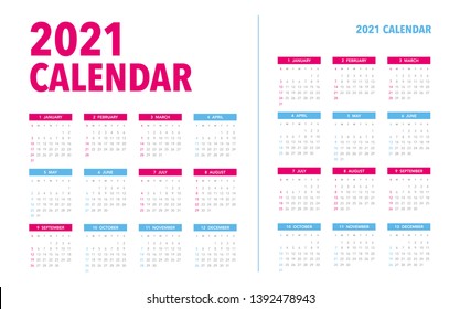 Simple calendar Layout for 2021 years. Week starts from Sunday.