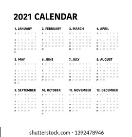 Simple calendar Layout for 2021 years. Week starts from Sunday.