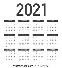 Simple calendar Layout for 2021 years. Week starts from Sunday.