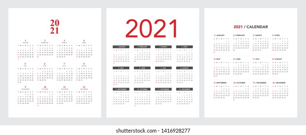 Простой макет календаря на 2021 год. Неделя начинается с воскресенья.