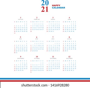 Simple calendar Layout for 2021 years. Week starts from Sunday.