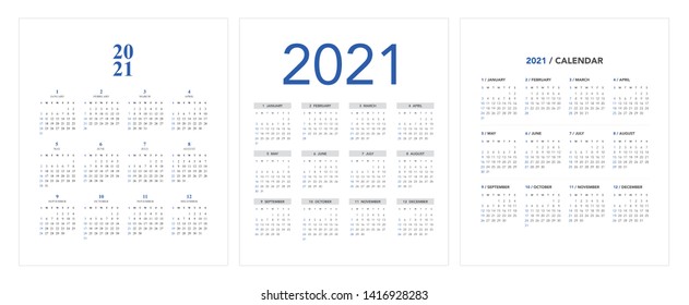 Simple calendar Layout for 2021 years. Week starts from Sunday.