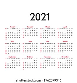 Simple calendar Layout for 2021 years in English. Week starts from Sunday. Vector illustration, isolated objects.