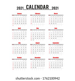 Simple calendar Layout for 2021 years. Week starts from Sunday.  Data grids for 2021 in English. Flat vector illustration, isolated objects.