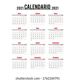 Simple calendar Layout for 2021 years in Spanish. Week starts from Monday. Vector illustration, isolated objects.
