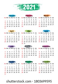 Simple calendar Layout for 2021 years. Week starts from Sunday