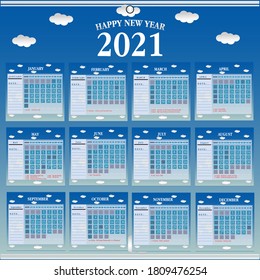 Simple calendar Layout for 2021 years. Week starts from Sunday. eps 10