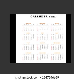 Simple calendar Layout for 2021 years. Week starts from Sunday.