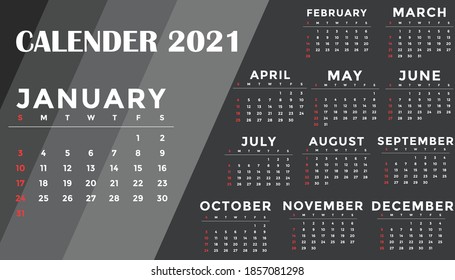 Simple calendar Layout for 2021 years. Week starts from Sunday.