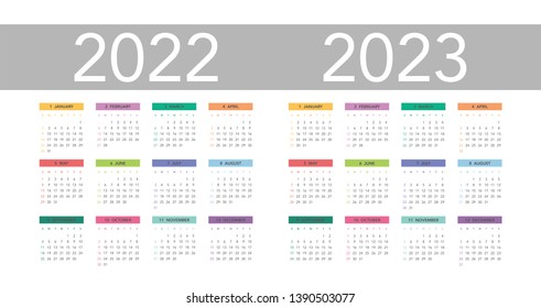 Simple calendar Layout for 2022 and 2023 years. Week starts from Sunday.