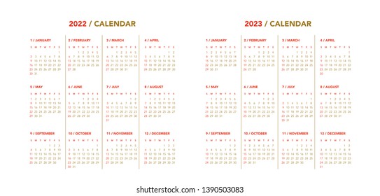Simple calendar Layout for 2022 and 2023 years. Week starts from Sunday.