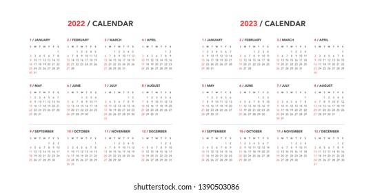 Simple calendar Layout for 2022 and 2023 years. Week starts from Sunday.