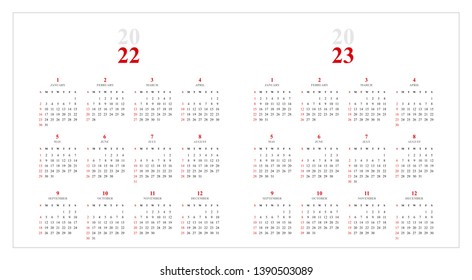 Simple calendar Layout for 2022 and 2023 years. Week starts from Sunday.