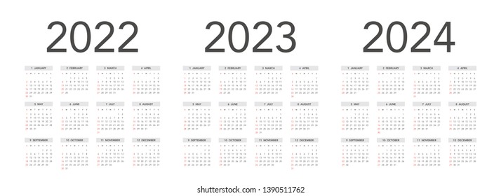 Simple calendar Layout for 2022, 2023 and 2024 years. Week starts from Sunday.