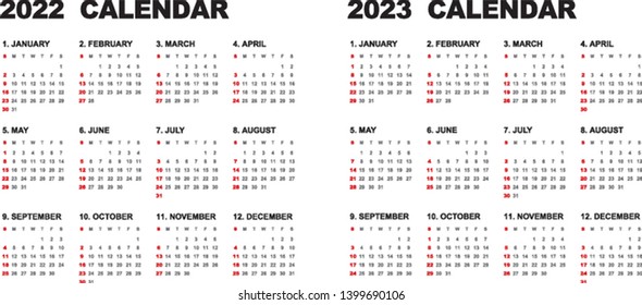 Simple calendar Layout for 2022 and 2023 years. Week starts from Sunday.