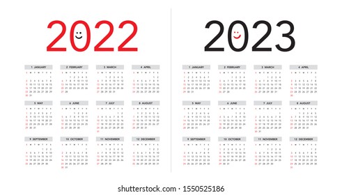 Simple calendar Layout for 2022 and 2023 years. Week starts from Sunday.