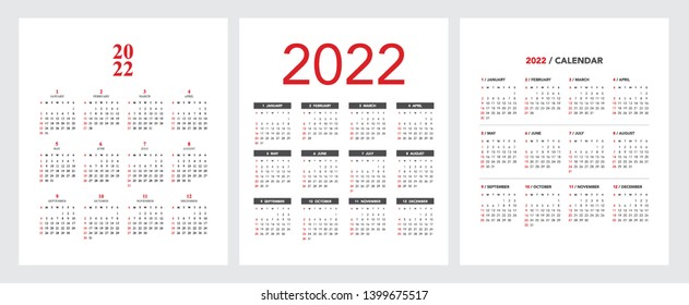 Simple calendar Layout for 2022 year with three styles. Week starts from Sunday.