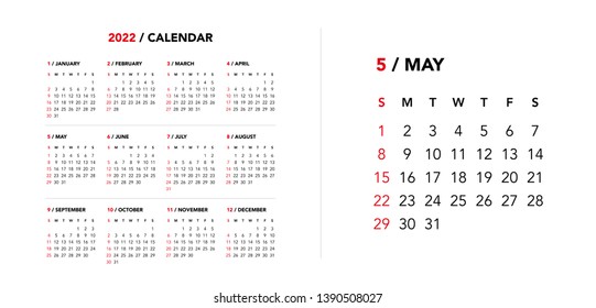 Simple calendar Layout for 2022 years. Week starts from Sunday.
