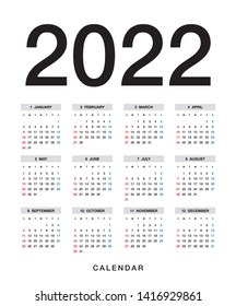 Simple calendar Layout for 2022 years. Week starts from Sunday.