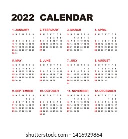 Simple calendar Layout for 2022 years. Week starts from Sunday.