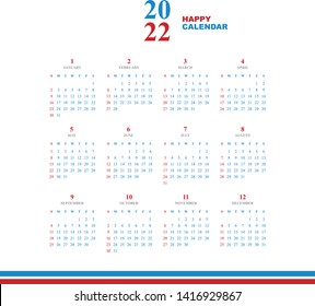 Simple calendar Layout for 2022 years. Week starts from Sunday.