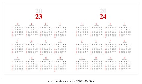 Simple calendar Layout for 2023 and 2024 years. Week starts from Sunday.
