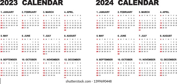 Simple calendar Layout for 2023 and 2024 years. Week starts from Sunday.