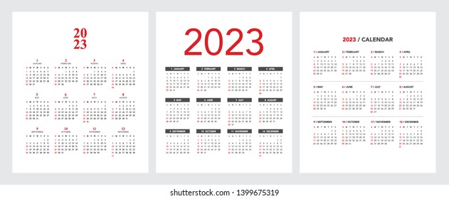 Simple calendar Layout for 2023 year with three styles. Week starts from Sunday.