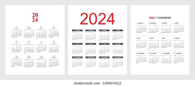 Simple calendar Layout for 2024 year with three styles. Week starts from Sunday.