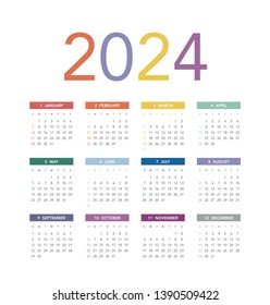 Simple calendar Layout for 2024 years. Week starts from Sunday.