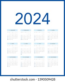 Simple calendar Layout for 2024 years. Week starts from Sunday.