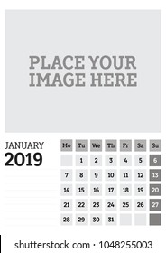 Simple calendar layout for January 2019 year. Week starts from Monday.