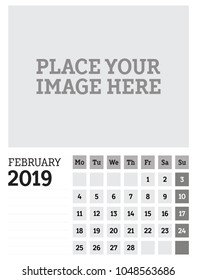 Simple calendar layout for January 2019 year. Week starts from Monday