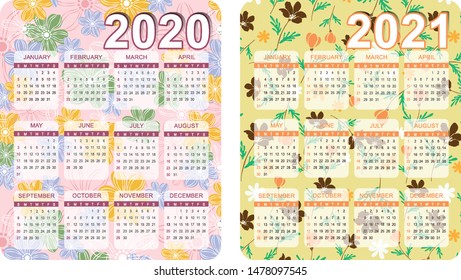 Simple calendar Layout  pattern flower background for 2020 and 2021 years. Week starts from Sunday. Trendy Minimalist Style. vector - Illustration