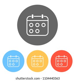 Simple calendar, Linear, thin outline. Set of white icons on colored circles
