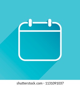 Simple calendar, Linear, thin outline. Gray icon with long shadow in bottom left corner on blue background