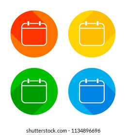 Simple calendar, Linear, thin outline. Flat white icon on colored circles background. Four different long shadows in each corners