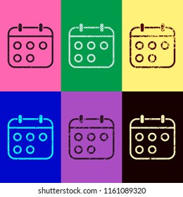 Simple calendar, Linear, thin outline. Pop art style. Scratched icons on 6 colour backgrounds. Seamless pattern