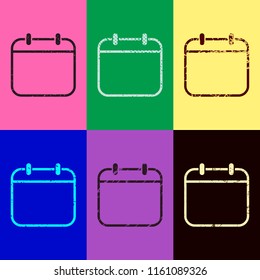 Simple calendar, Linear, thin outline. Pop art style. Scratched icons on 6 colour backgrounds. Seamless pattern