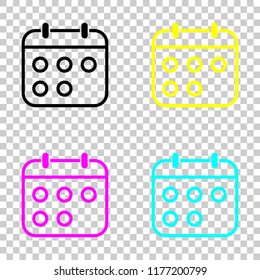 Simple calendar, Linear, thin outline. Colored set of cmyk icons on transparent background