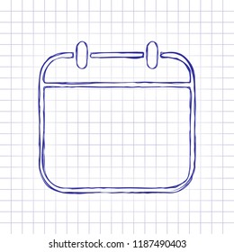 Simple calendar, Linear, thin outline. Hand drawn picture on paper sheet. Blue ink, outline sketch style. Doodle on checkered background