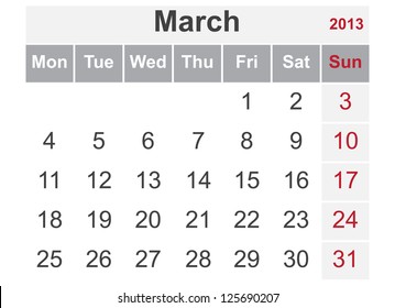 Simple calendar for March 2013 (week starts from Monday)