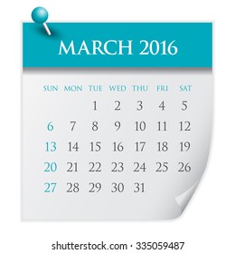Simple calendar for March 2016