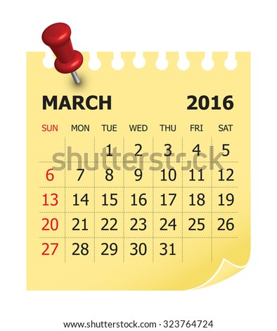 Simple calendar for March 2016