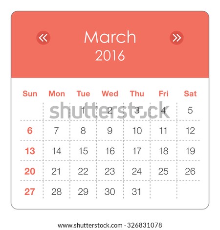 Simple calendar for March 2016