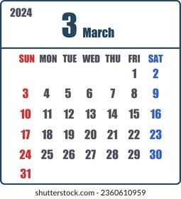 Calendario sencillo para marzo de 2024